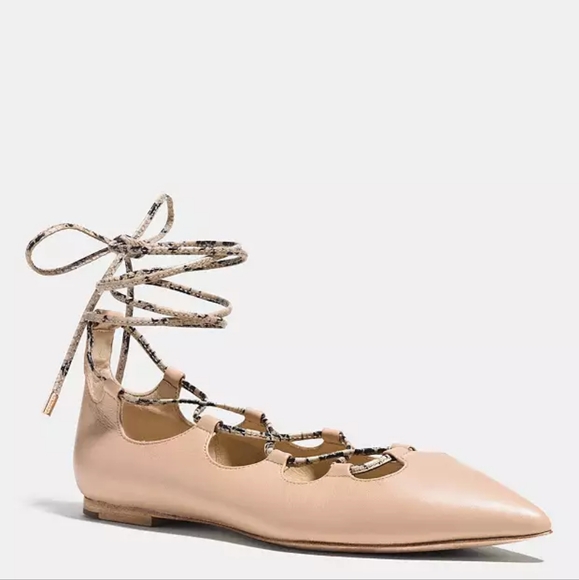 Coach Justine Leather Beige/Soft Pink Lace-Up Ballet Flat Snake Skin Tie Size 8 - Picture 1 of 16